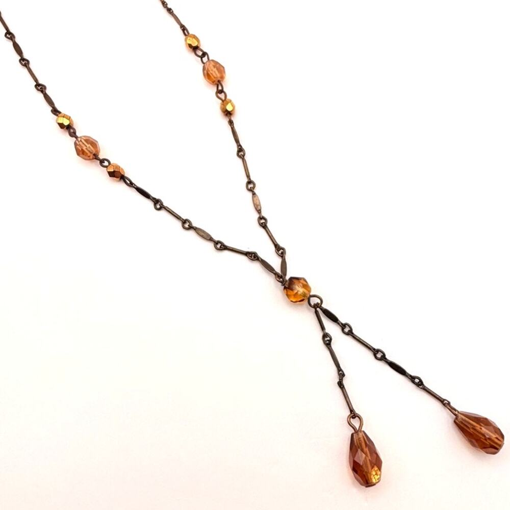 Vintage Brown Crystal Bead Station Tassel Y-Drop Pendant Necklace 24" + 2" drop